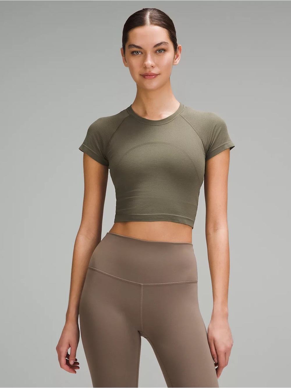 Lululemon Swiftly Tech Cropped Short-Sleeve Shirt in Army Green.